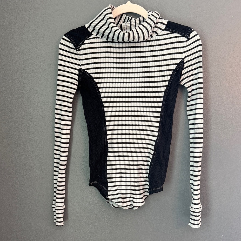 We The Free Black & White Striped Long Sleeve Turtleneck Bodysuit
